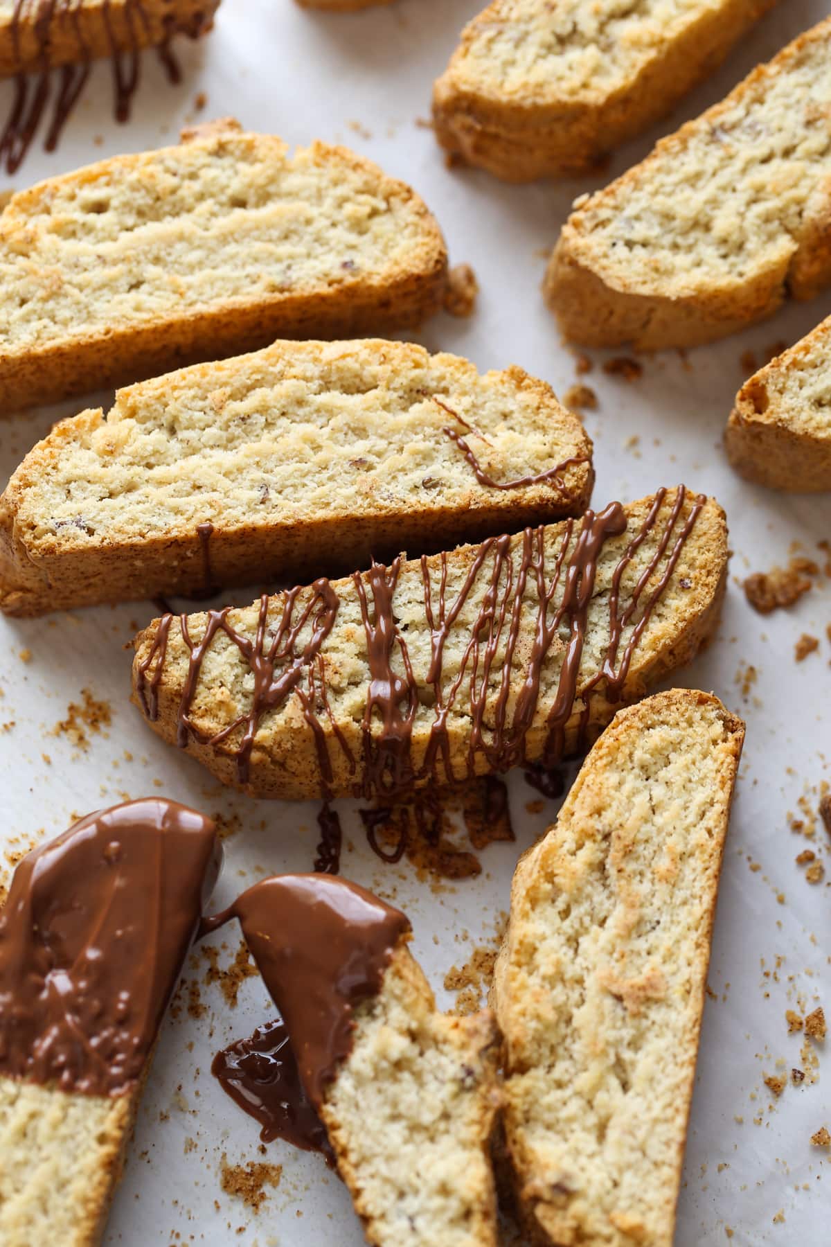 Biscotti drizzled with chocolate.