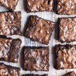 Brownies cut on parchment paper