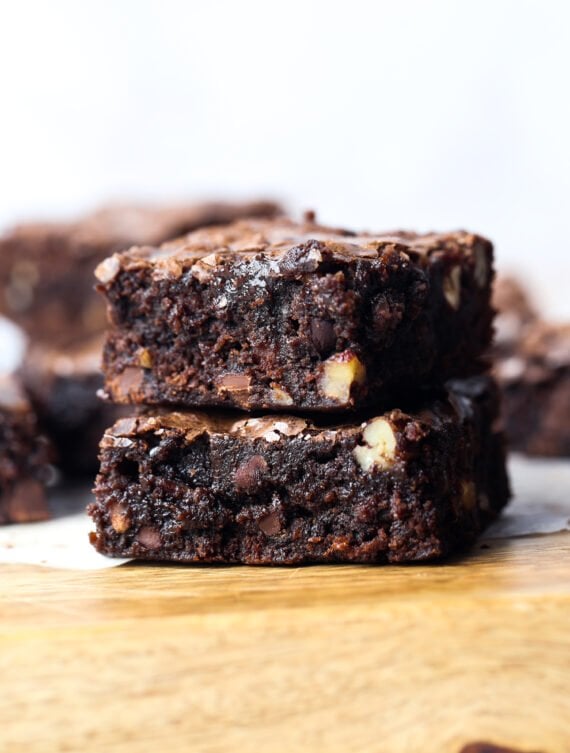 Stacked Bourbon Pecan Brownies stacked