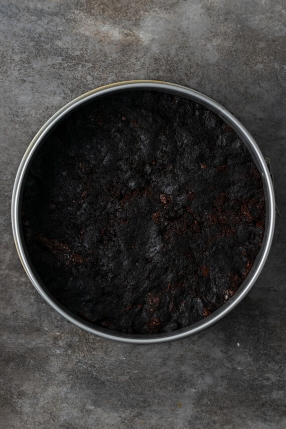 Brownie base pressed into the bottom of a springform pan.