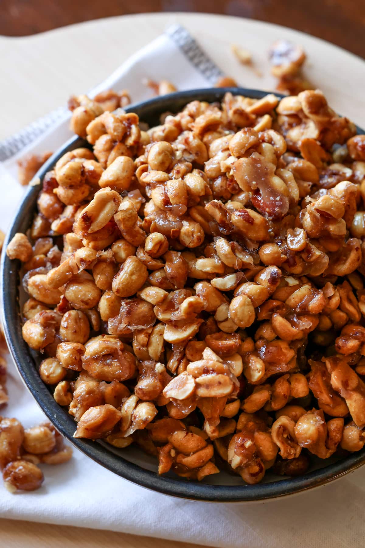 Butter Toffee Peanuts in a ceramic bowl from above