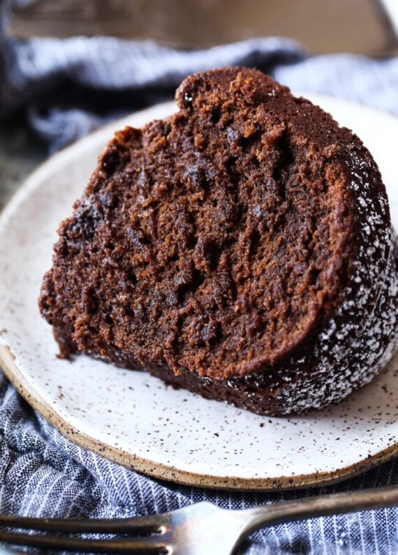 A Slice of Chocolate Pound Cake on a Plate