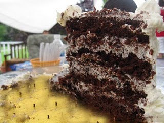 A Slice of Cookies and Cream Layer Cake on a Gold Serving Platter