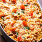 nacho chip casserole sitting in pan