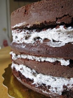 Four Stacked Layers of Chocolate Cake with Vanilla Oreo Buttercream in Between Each Layer