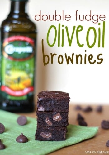 Double Fudge Olive Oil Brownies, stacked on a green napkin