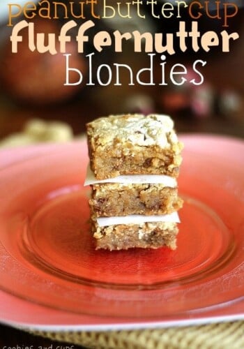 Peanut Butter fluffernutter blondies stacked on a plate