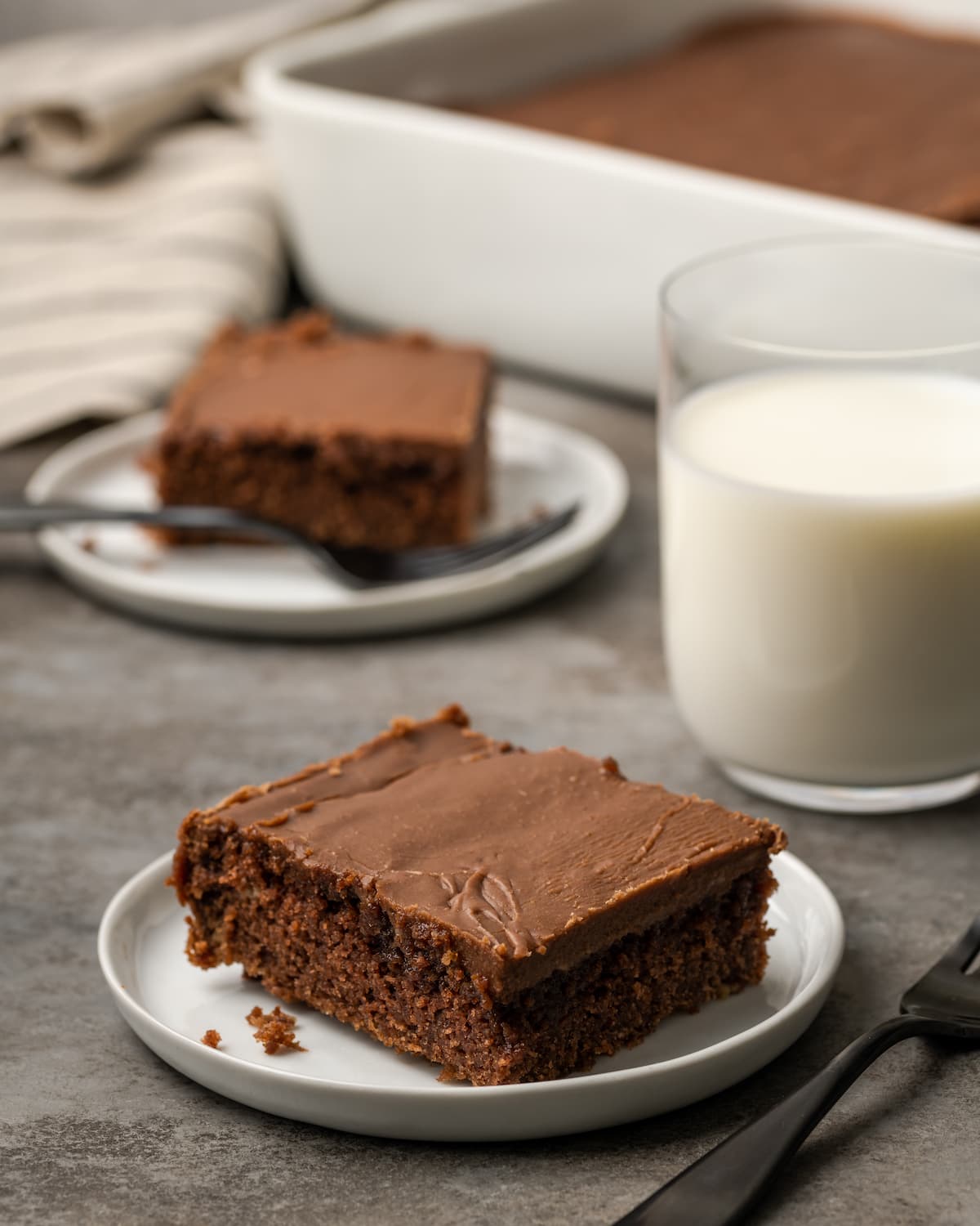 Slices of Sunday chocolate sheet cake on plate next to a glass of milk.