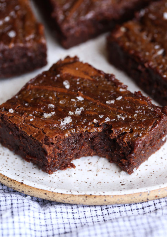 A Fudgy Sweet and Salty Brownie with a Bite Taken Out of it