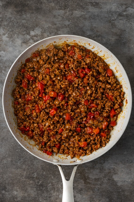 Taco meat in a skillet.