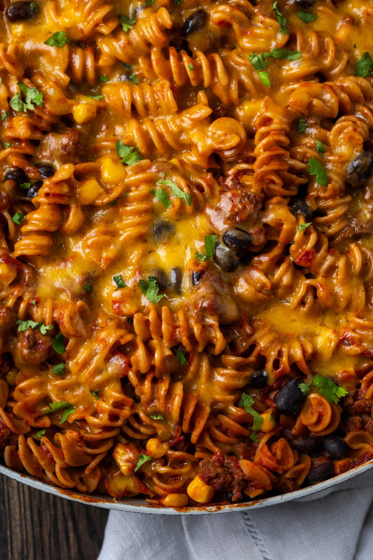 Close up overhead view of a large pan of taco pasta.