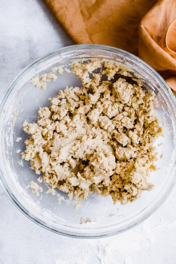 Shortbread dough in a bowl.