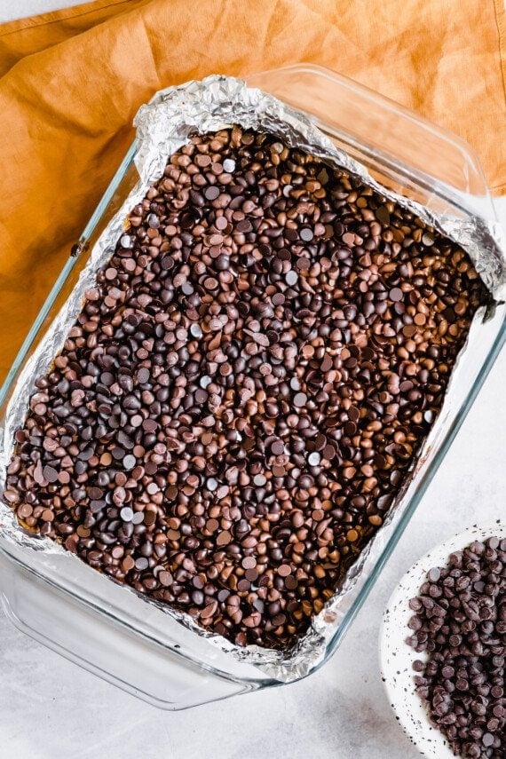 Chocolate chips on top of baked shortbread.