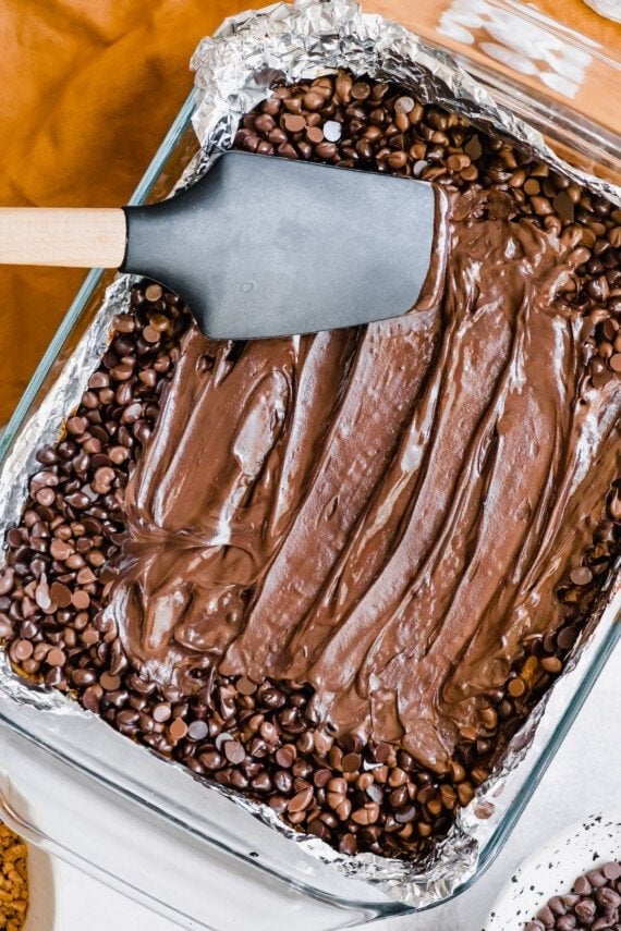 Melted chocolate chips on top of shortbread.