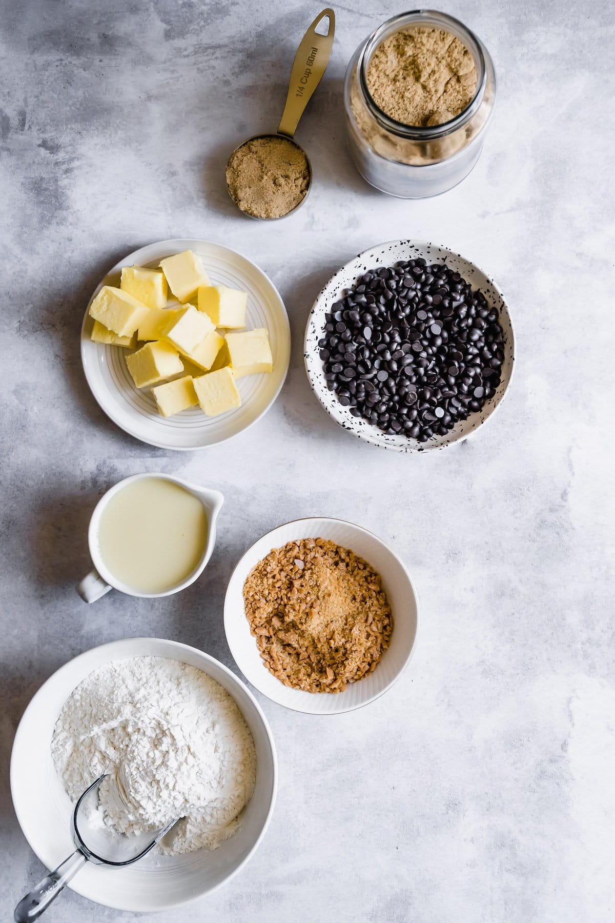 Ingredients for shortbread toffee cookie bars.